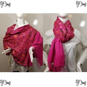 Magenta Embroidered Kashmir 100% Wool Scarf poncho